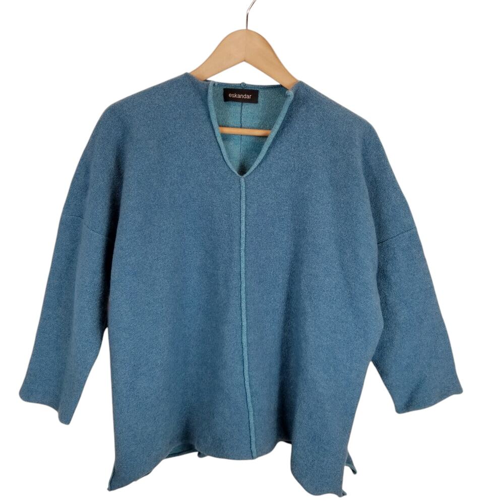 eskandar Women's 100% Merino Wool Teal Blue Boxy Fit Pullover Sweater Size Large